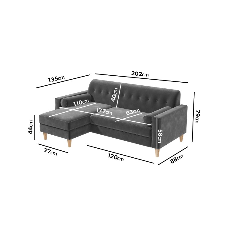 Grey Velvet Left Hand 3 Seater Small L Shaped Sofa - Idris