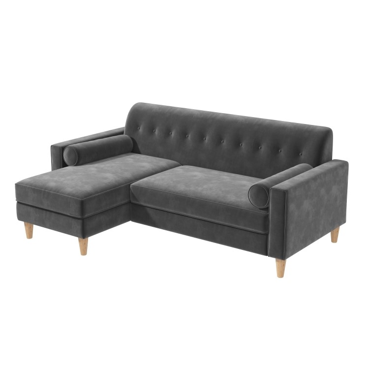 Grey Velvet Left Hand 3 Seater Small L Shaped Sofa - Idris