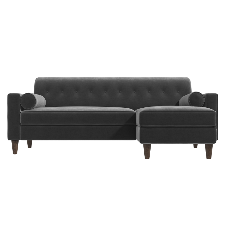 Grey Velvet Right Hand 3 Seater Small L Shaped Sofa - Idris