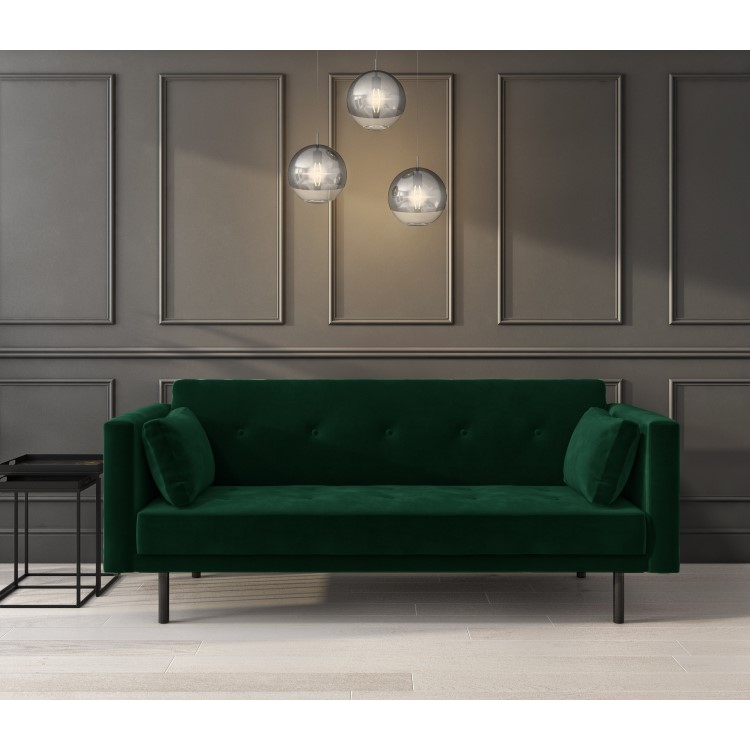 Velvet Sofa Bed in Dark Green with Buttons - Seats 3 - Rory