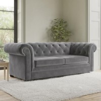 Grey Velvet Chesterfield Pull Out Sofa Bed - Seats 3 - Bronte Grey Velvet Chesterfield Pull Out Sofa Bed - Seats 3 - Bronte
