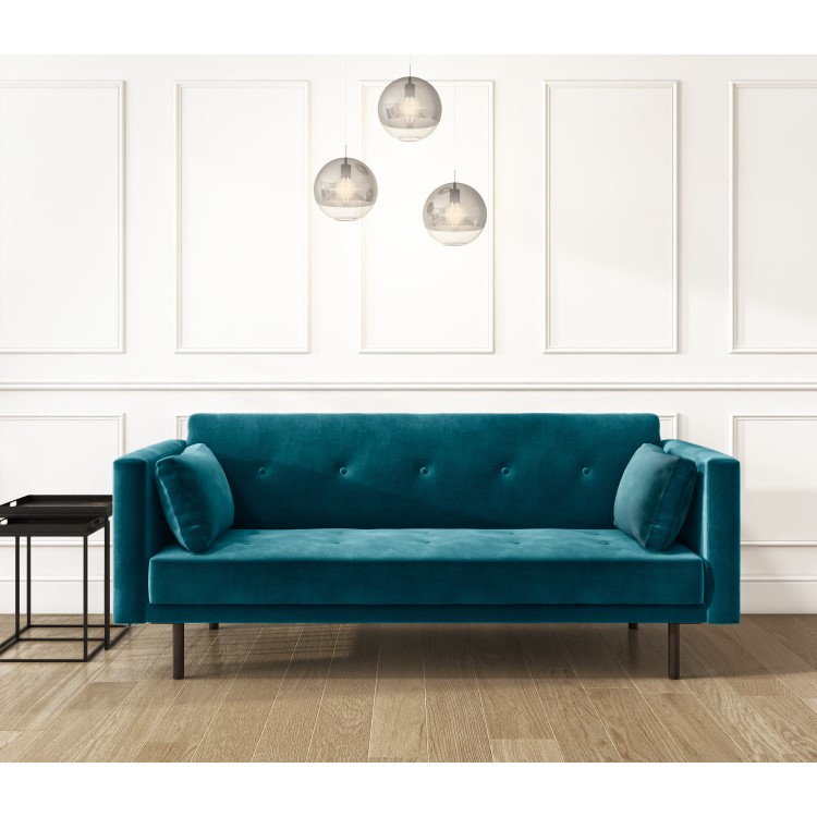 Teal Blue Velvet Sofa Bed with Cushions - Seats 3 - Rory