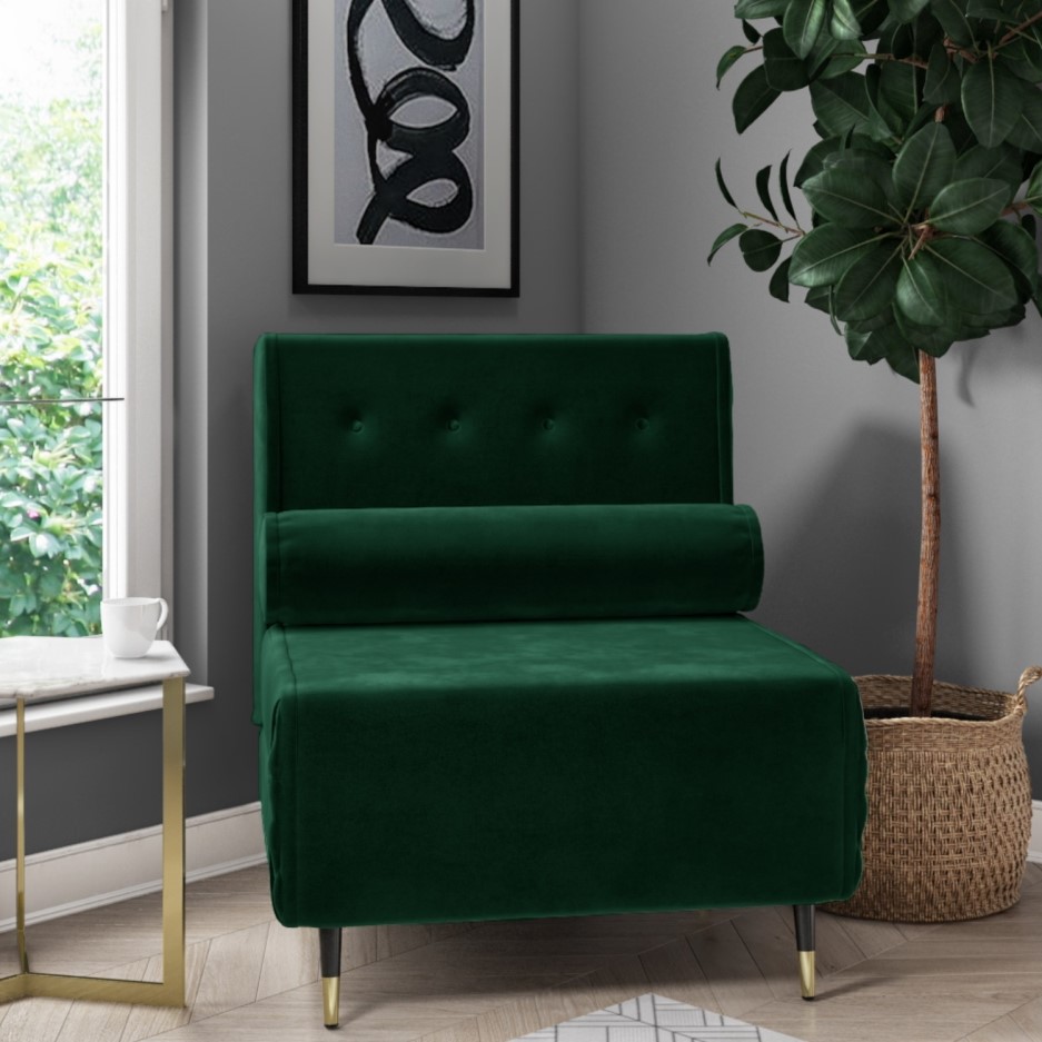 Single Sofa Bed in Dark Green Velvet with Bolster Cushion Eleni