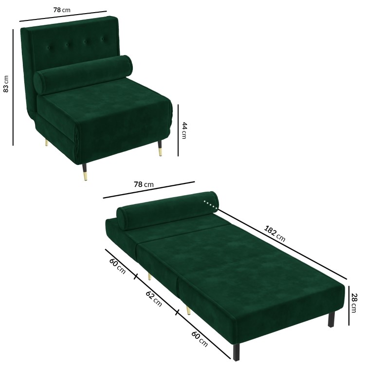 Dark Green Velvet Single Sofa Bed with Bolster Cushion - Eleni