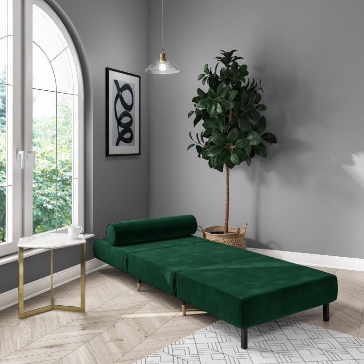 Dark Green Velvet Single Sofa Bed with Bolster Cushion - Eleni