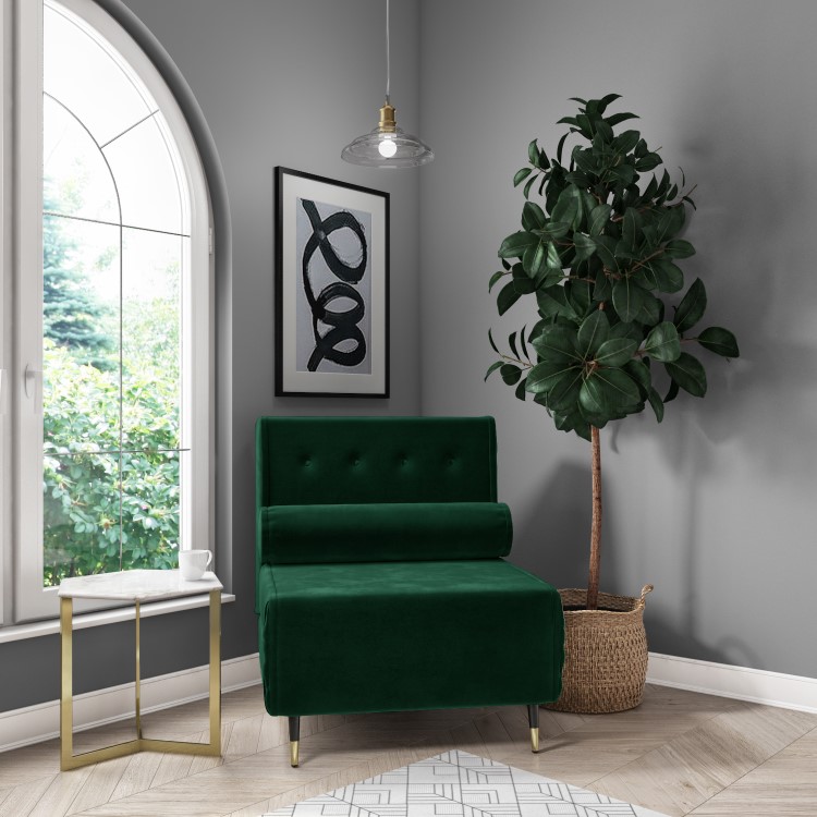 Dark Green Velvet Single Sofa Bed with Bolster Cushion - Eleni