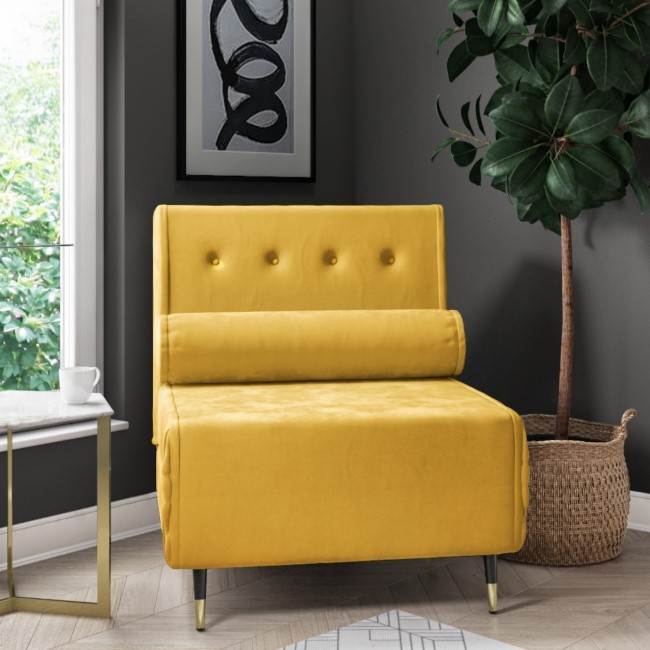 Single Sofa Bed in Yellow Velvet with Bolster Cushion - Eleni