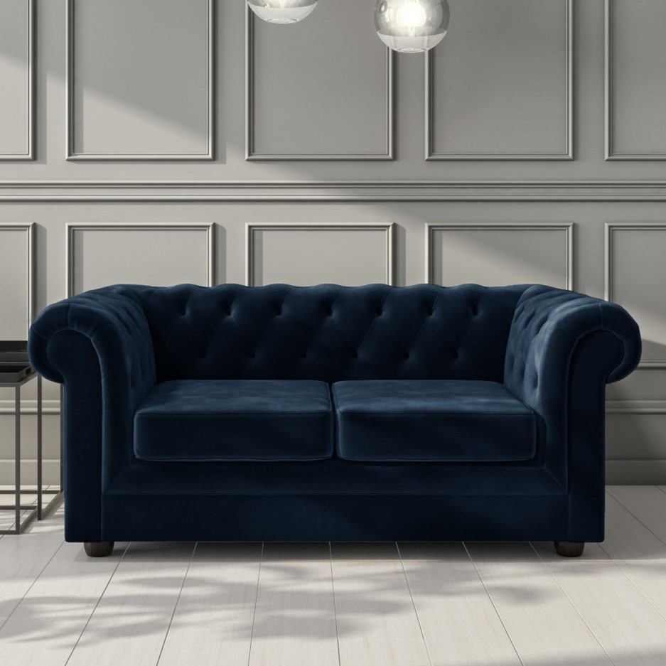 Navy Blue Velvet Chesterfield Sofa Seats 2 Bronte BuyItDirect.ie