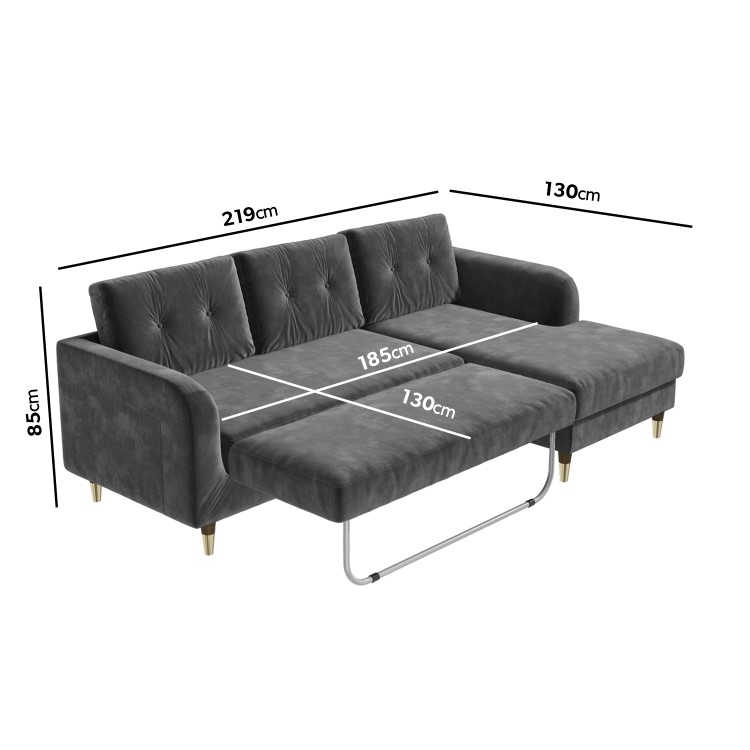 Grey L Shaped Sofa Bed in Velvet  - Right Hand Facing - Sutton