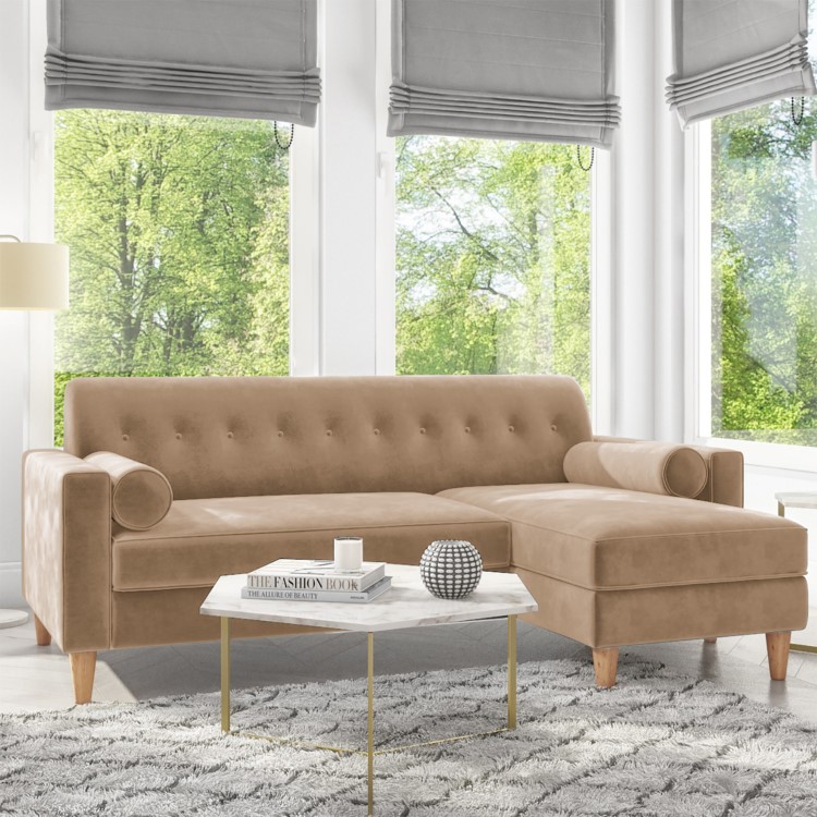 Beige Velvet 3 Seater L Shaped Sofa in Velvet - Right Hand Facing - Idris