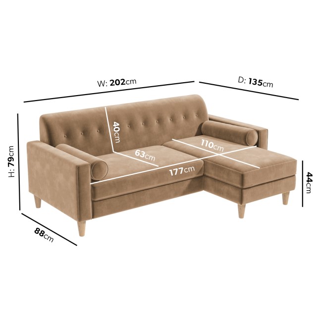 Beige Velvet 3 Seater L Shaped Sofa in Velvet - Right Hand Facing - Idris
