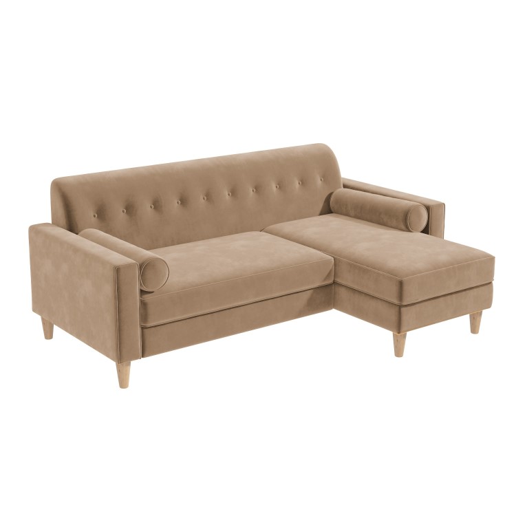 Beige Velvet 3 Seater L Shaped Sofa in Velvet - Right Hand Facing - Idris