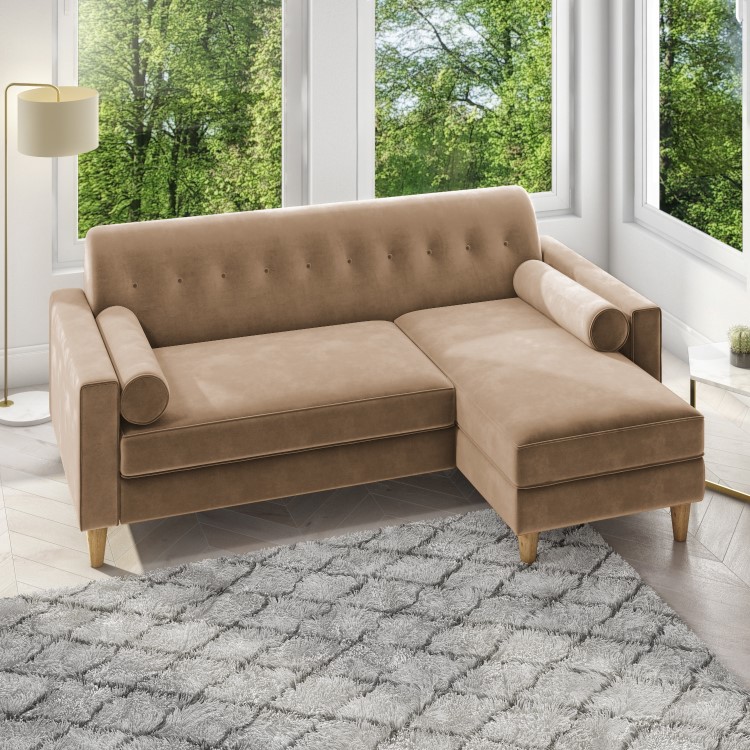 Beige Velvet 3 Seater L Shaped Sofa in Velvet - Right Hand Facing - Idris