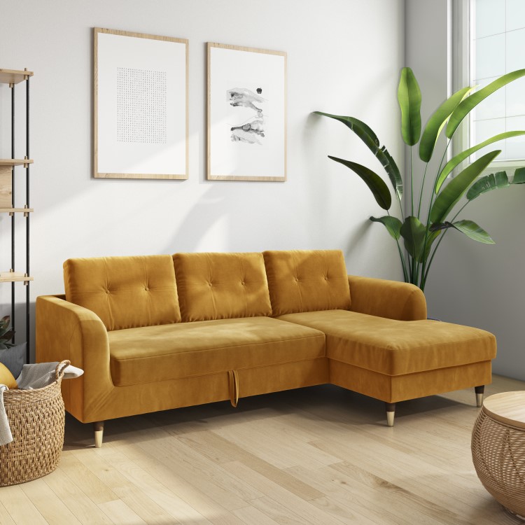 Mustard Yellow L Shaped Sofa Bed in Velvet  - Right Hand Facing - Sutton