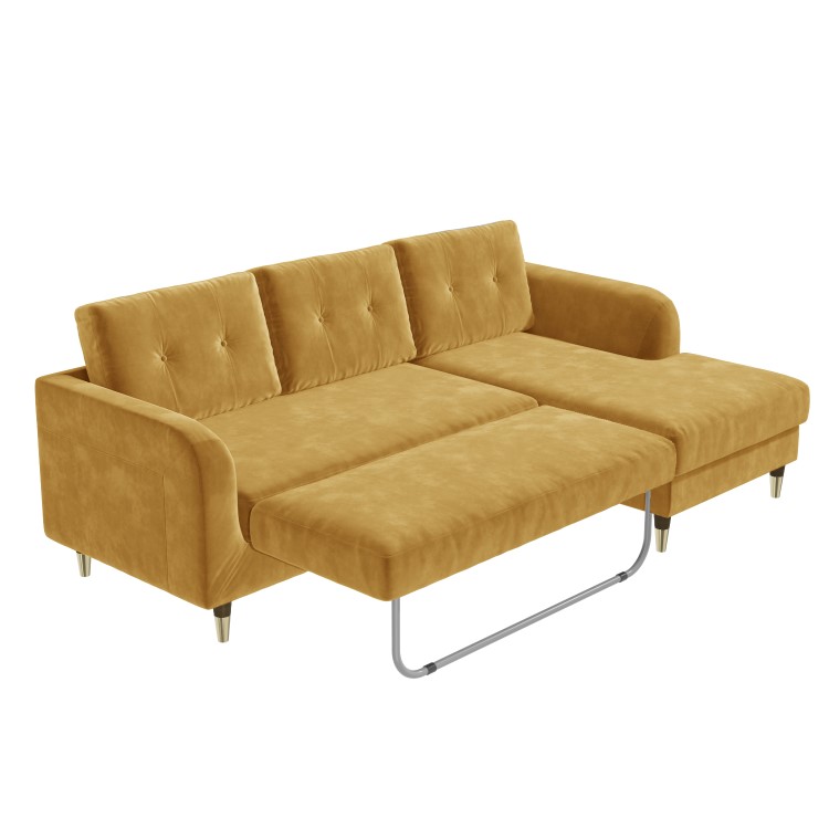 Mustard Yellow L Shaped Sofa Bed in Velvet  - Right Hand Facing - Sutton