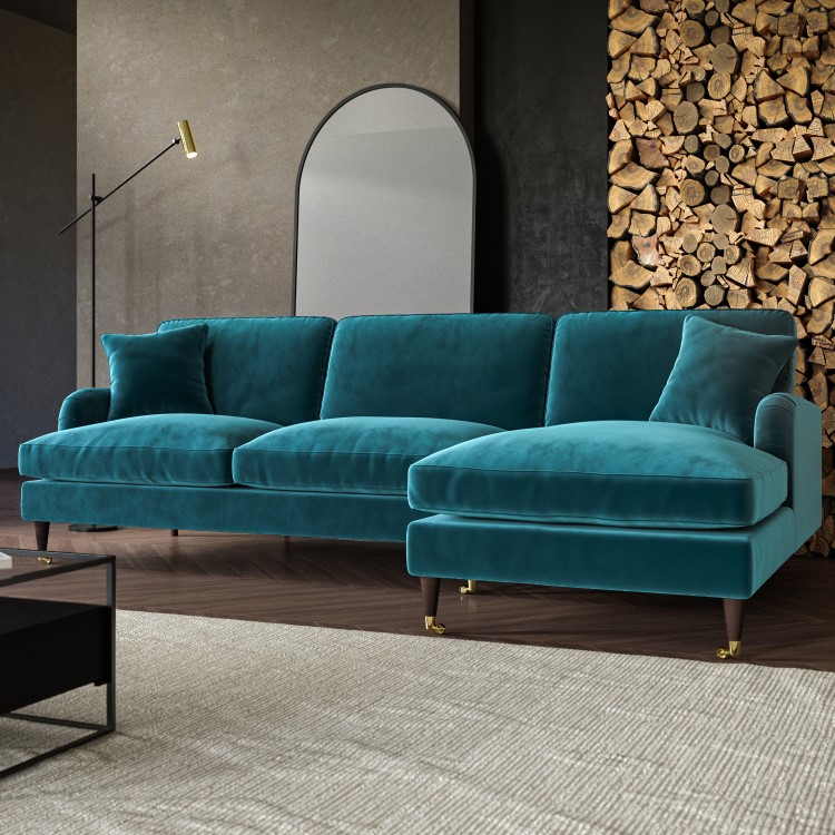 Teal Velvet Right Hand Facing 4 Seater Chaise Corner Sofa - Payton