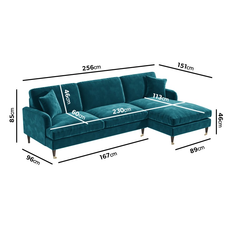 Teal Velvet Right Hand Facing 4 Seater Chaise Corner Sofa - Payton