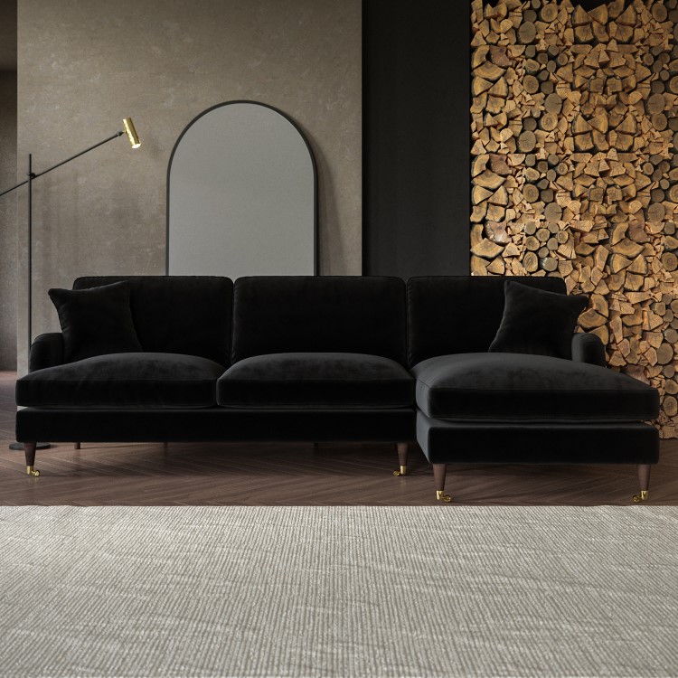 Black Velvet Right Hand Facing 4 Seater Chaise Corner Sofa - Payton