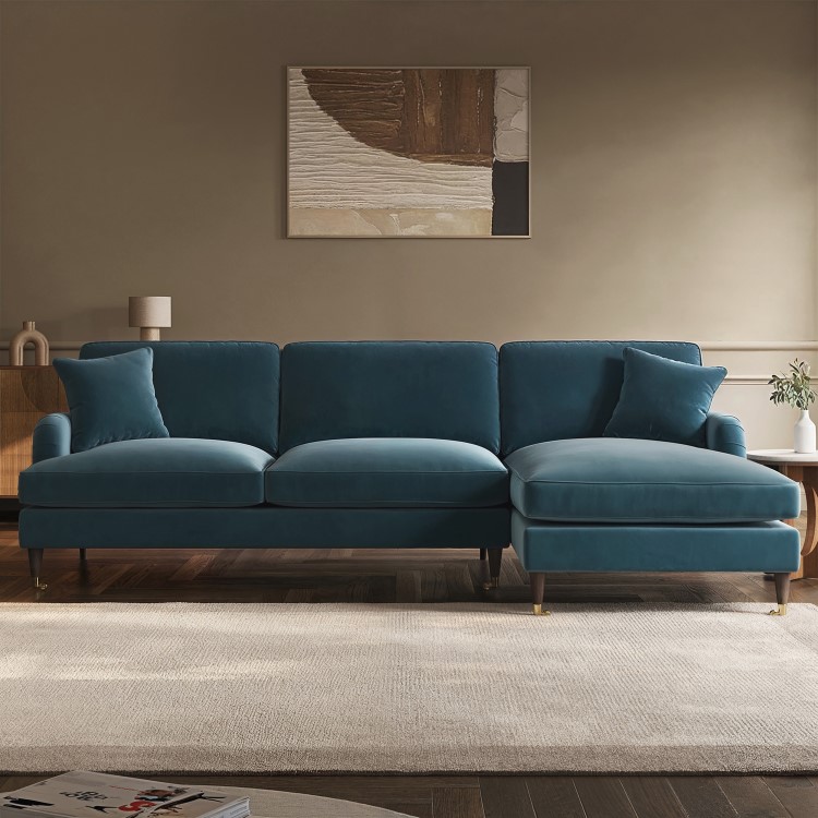 Blue Velvet Right Hand Facing 4 Seater Chaise Corner Sofa - Payton
