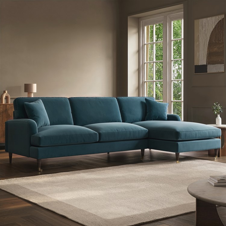 Blue Velvet Right Hand Facing 4 Seater Chaise Corner Sofa - Payton