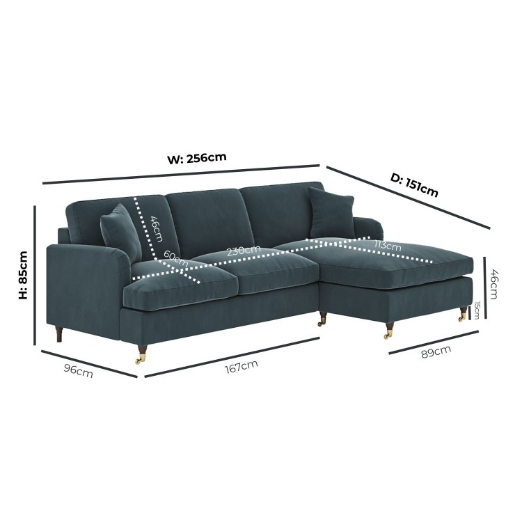 Blue Velvet Right Hand Facing 4 Seater Chaise Corner Sofa - Payton