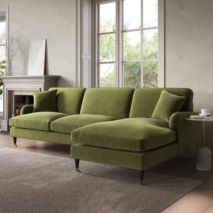 Olive Green Velvet Right Hand 4 Seater Chaise Corner Sofa - Payton