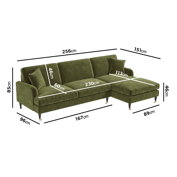 Olive Green Velvet Right Hand 4 Seater Chaise Corner Sofa - Payton