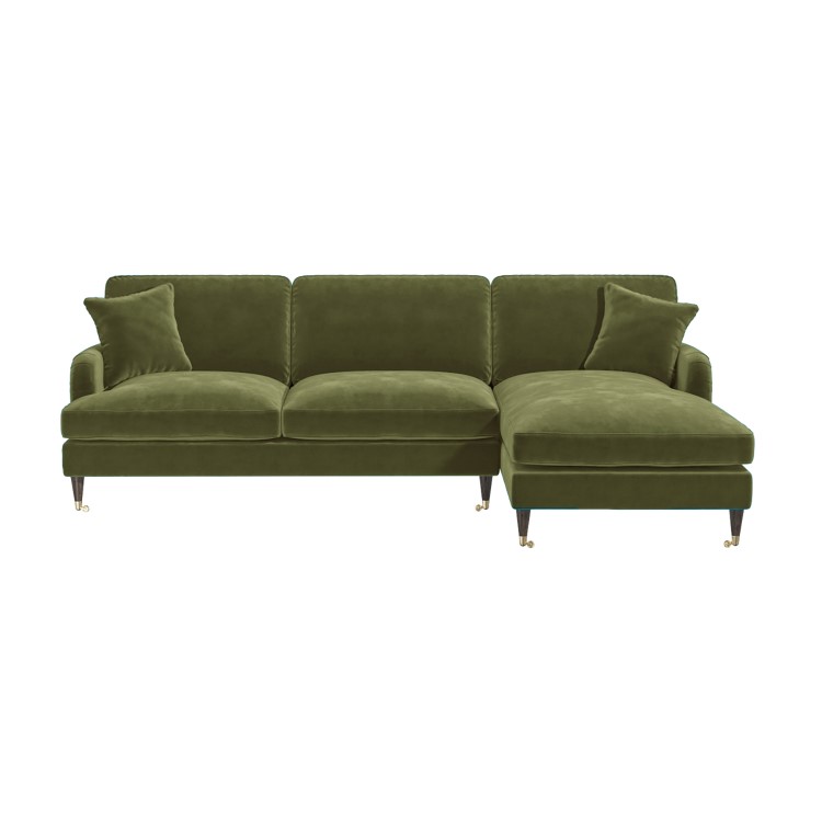 Olive Green Velvet Right Hand 4 Seater Chaise Corner Sofa - Payton
