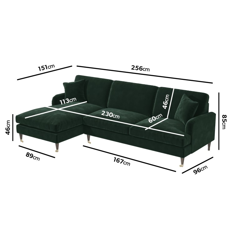 Dark Green Velvet Left Hand Facing 4 Seater Chaise Corner Sofa - Payton