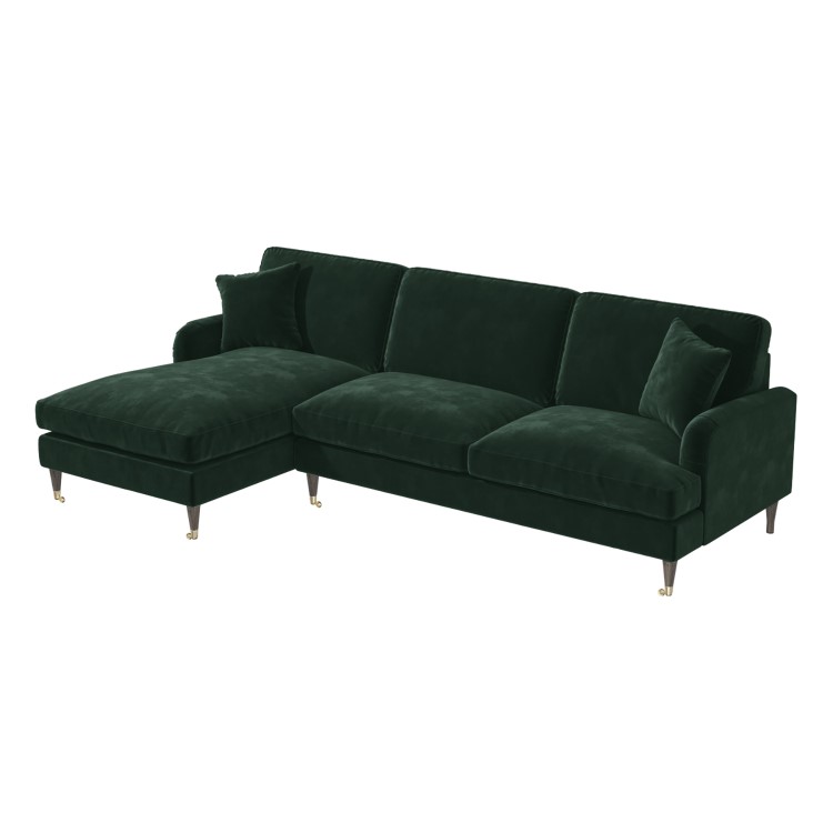 Dark Green Velvet Left Hand Facing 4 Seater Chaise Corner Sofa - Payton
