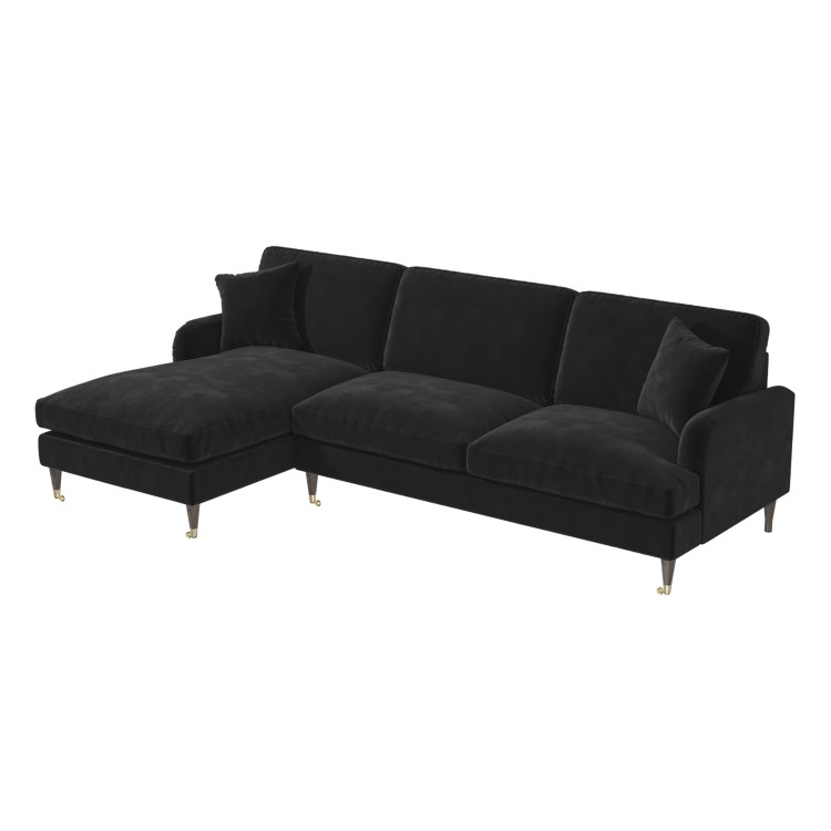Black Velvet Left Hand Facing 4 Seater Chaise Corner Sofa - Payton