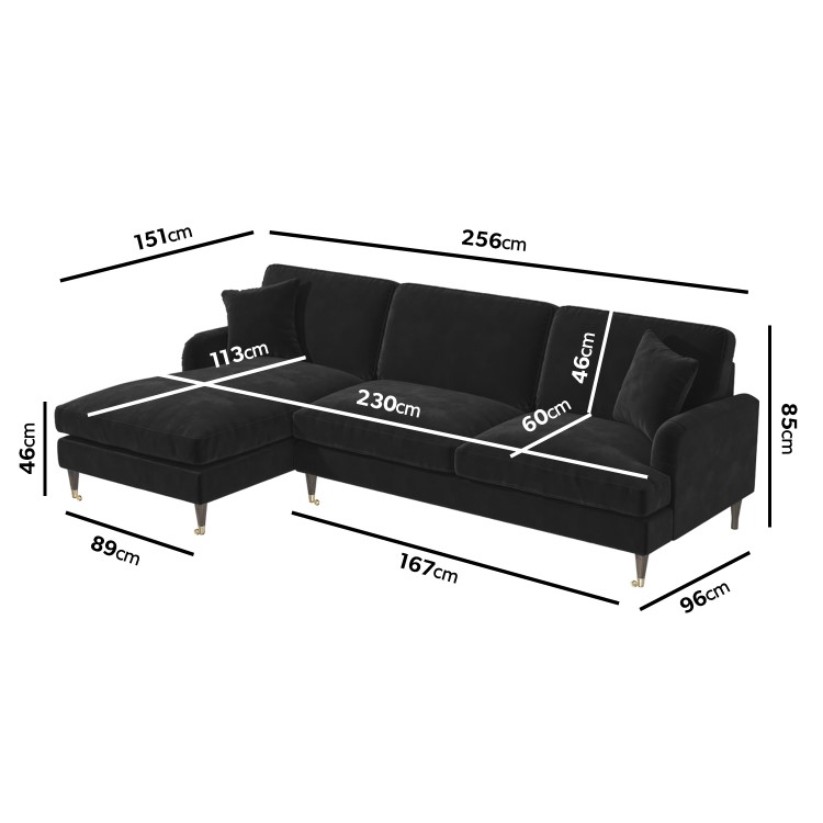 Black Velvet Left Hand Facing 4 Seater Chaise Corner Sofa - Payton