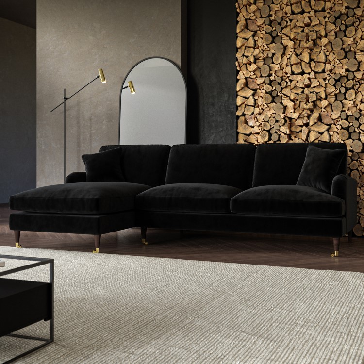 Black Velvet Left Hand Facing 4 Seater Chaise Corner Sofa - Payton