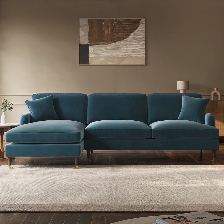 Blue Velvet Left Hand Facing 4 Seater L Shaped Sofa - Payton