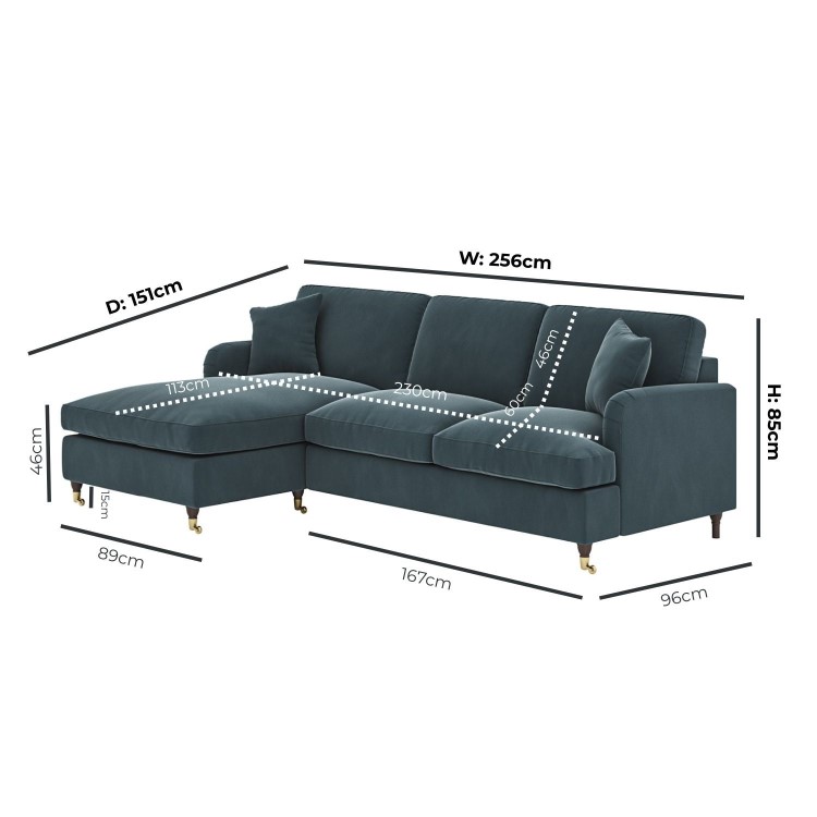Blue Velvet Left Hand Facing 4 Seater L Shaped Sofa - Payton