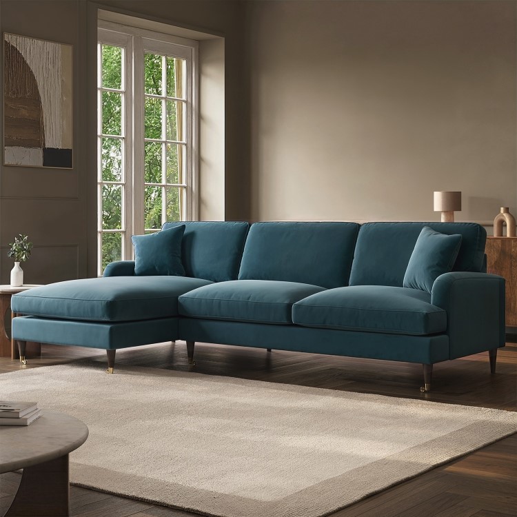 Blue Velvet Left Hand Facing 4 Seater L Shaped Sofa - Payton