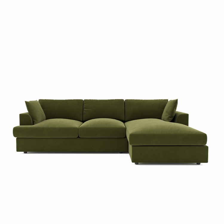 Large Olive Green Velvet Right Hand 4 Seater Chaise Corner Sofa - August