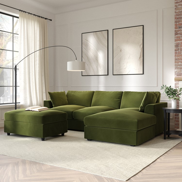 Large Olive Green Velvet Right Hand 4 Seater Chaise Corner Sofa - August