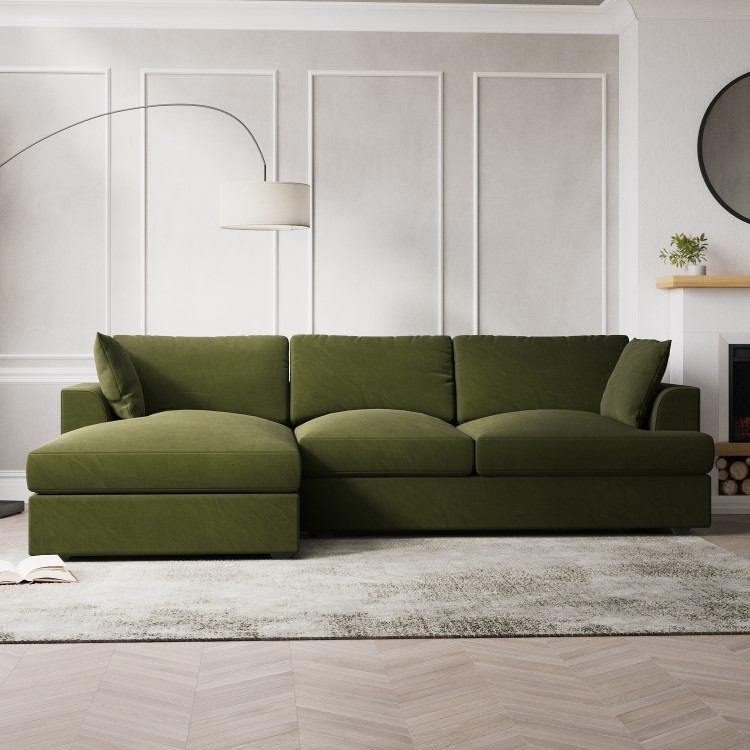 Left Hand Chaise Corner Sofa and Footstool Set in Green Velvet - August