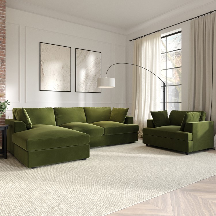 Olive Green Velvet Left Hand 4 Seater Chaise Corner Sofa - August