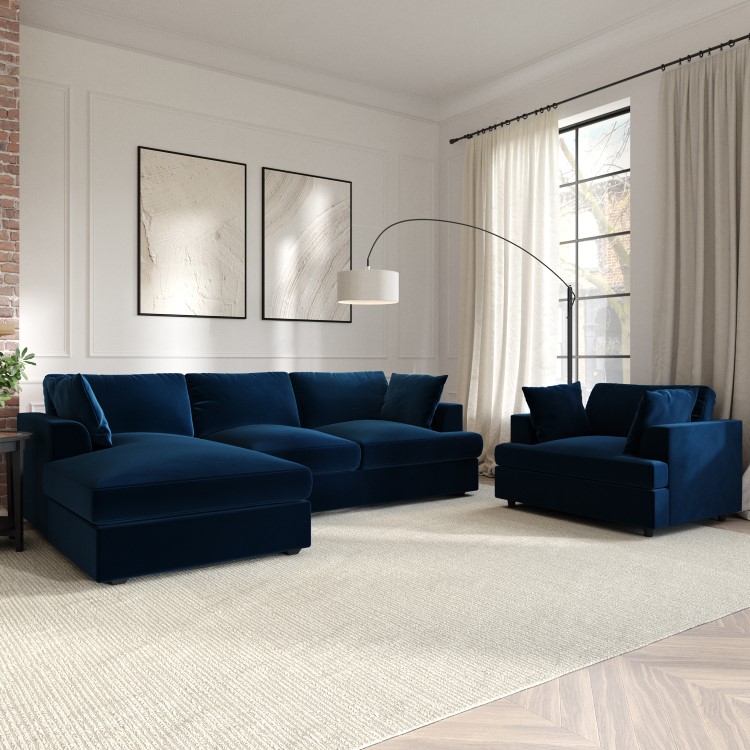 Navy Blue Velvet Left Hand 4 Seater Chaise Corner Sofa - August