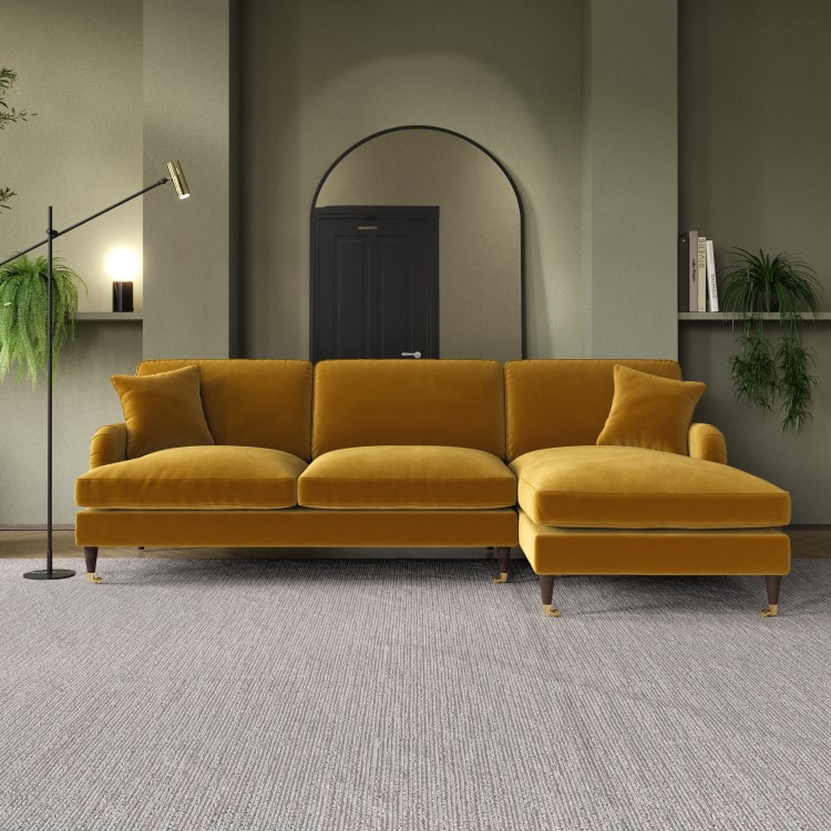 Mustard Velvet Right Hand Facing 4 Seater Chaise Corner Sofa - Payton