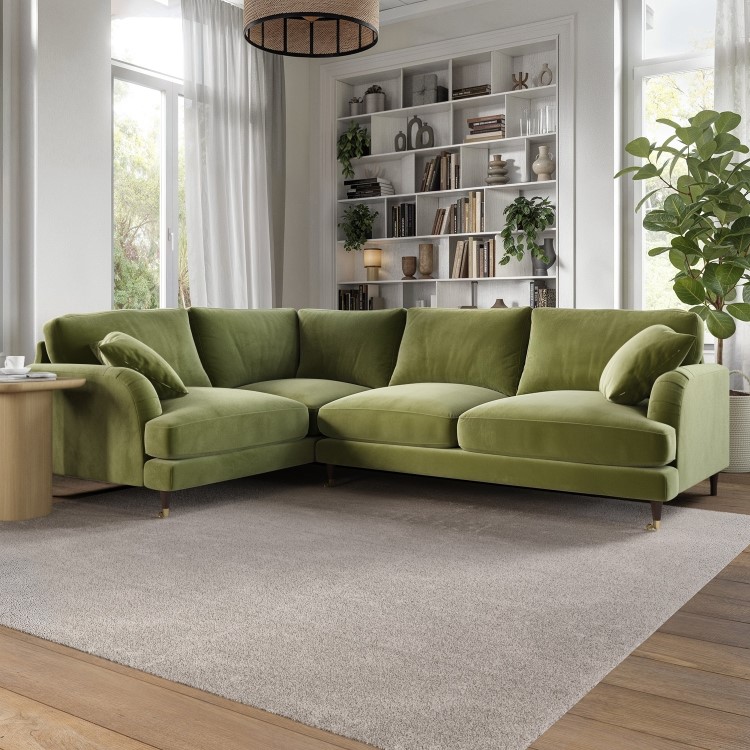 Olive Green Velvet 4 Seater Left Hand Corner Sofa - Payton