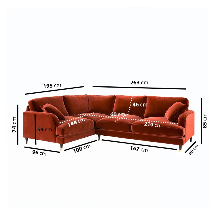 Burnt Orange Velvet 4 Seater Left Hand Corner Sofa - Payton 