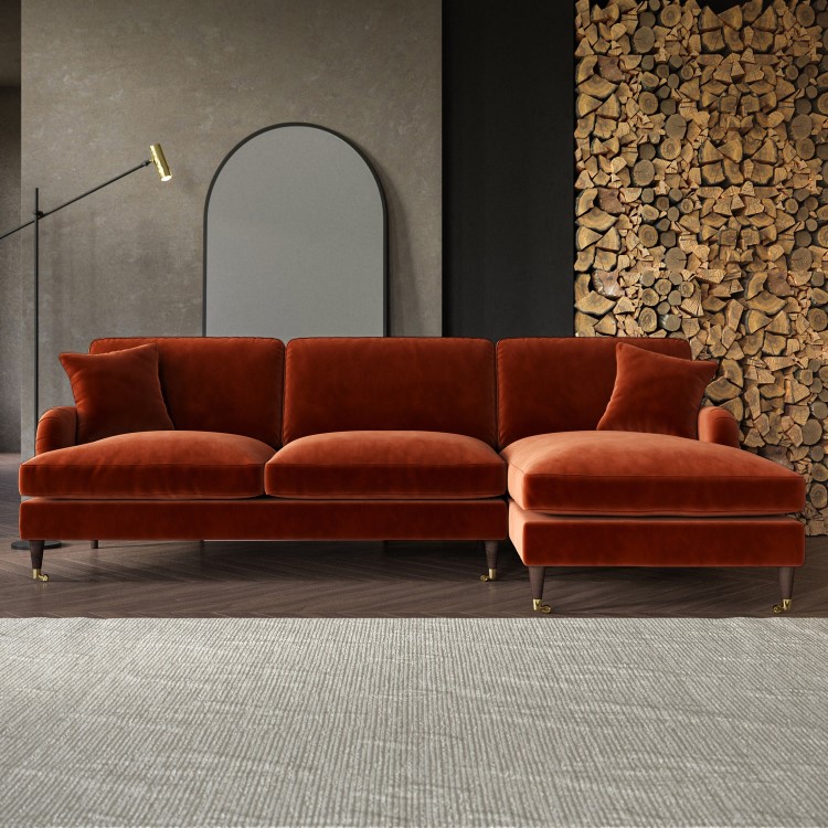 Burnt Orange Velvet Right Hand Facing 4 Seater Chaise Corner Sofa - Payton