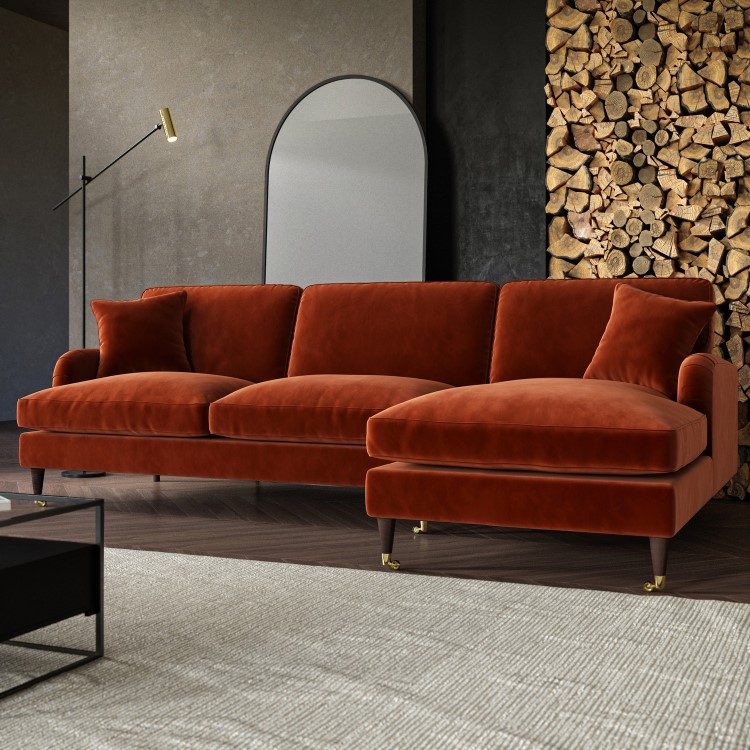 Burnt Orange Velvet Right Hand Facing 4 Seater Chaise Corner Sofa - Payton