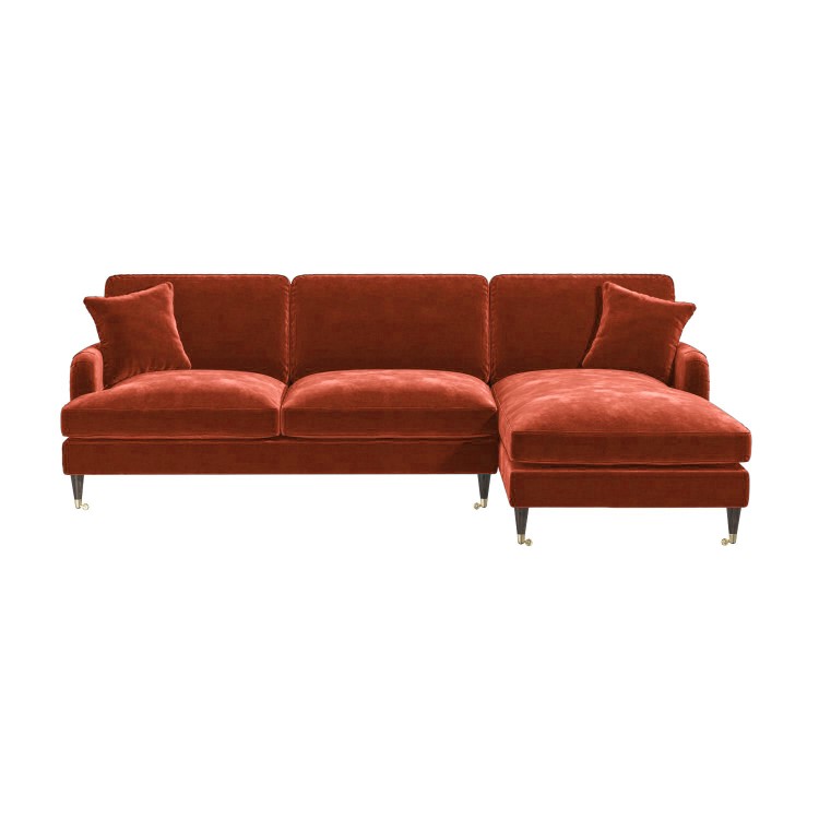 Burnt Orange Velvet Right Hand Facing 4 Seater Chaise Corner Sofa - Payton