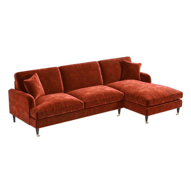 Burnt Orange Velvet Right Hand Facing 4 Seater Chaise Corner Sofa - Payton