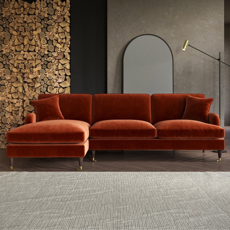 Burnt Orange Velvet Left  Hand Facing 4 Seater Chaise Corner Sofa - Payton