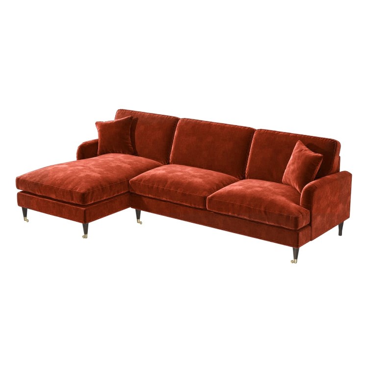 Burnt Orange Velvet Left  Hand Facing 4 Seater Chaise Corner Sofa - Payton